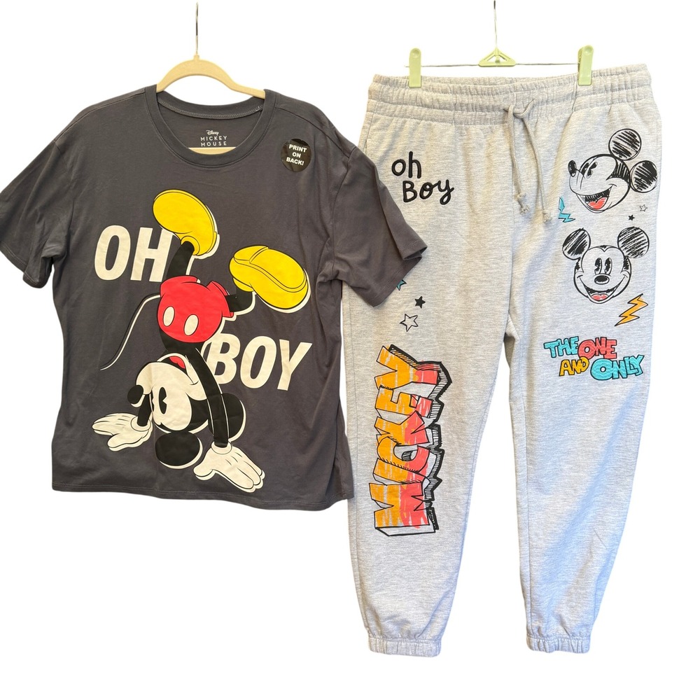 Disney Mickey Mouse Jogger Set Womans XL Tee Grey Graphic Large Sweatpants PJ's